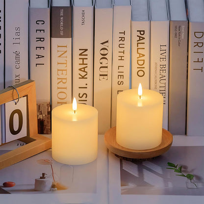 volnyus Flameless Candles Set of 3 (3x3 inch) Flickering LED Real Wax Candles Battery Operated with Remote Control Timers for Fireplace Bedroom Livingroom Party Dimmable Ivory Pillars Flat top