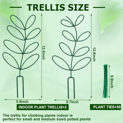 AUGSUN 2 Packs Plant Trellis Garden Trellis Plant Stakes Trellis | for Climbing Plants, Indoor Plants Metal Leaf Shape, Plant Support for Houseplants, with 50 Ties Plant Lover Gift (Green)