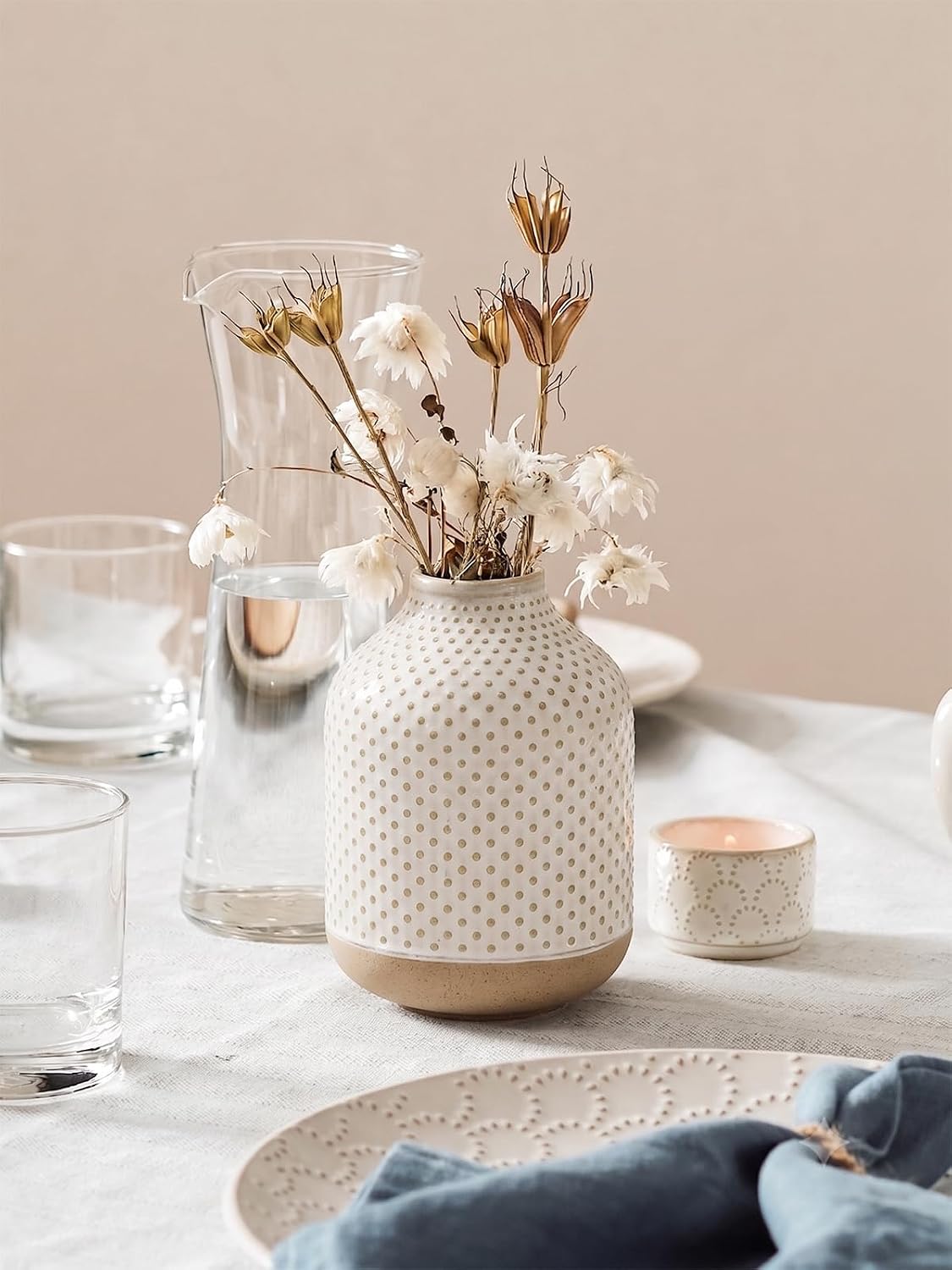 Small Boho Vase for Decor,Rustic Farmhouse Vase for Pampas Grass,Eucalyptus Set and Tiny Stem Flowers,Ceramic for Centerpieces, 5.3 Inch,Wave-Arctic White