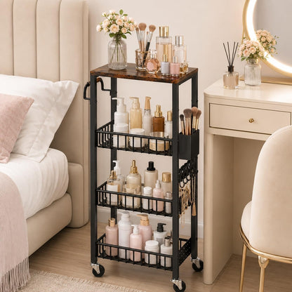 DTUQYX Slim Bathroom Storage Cart, 4 Tier Small Rolling Organizer Cabinet with Wood Top Handle, Mobile Shelving Unit Slide Out for Office, Kitchen, Laundry Room & Narrow Places (9.1" W Metal Basket)