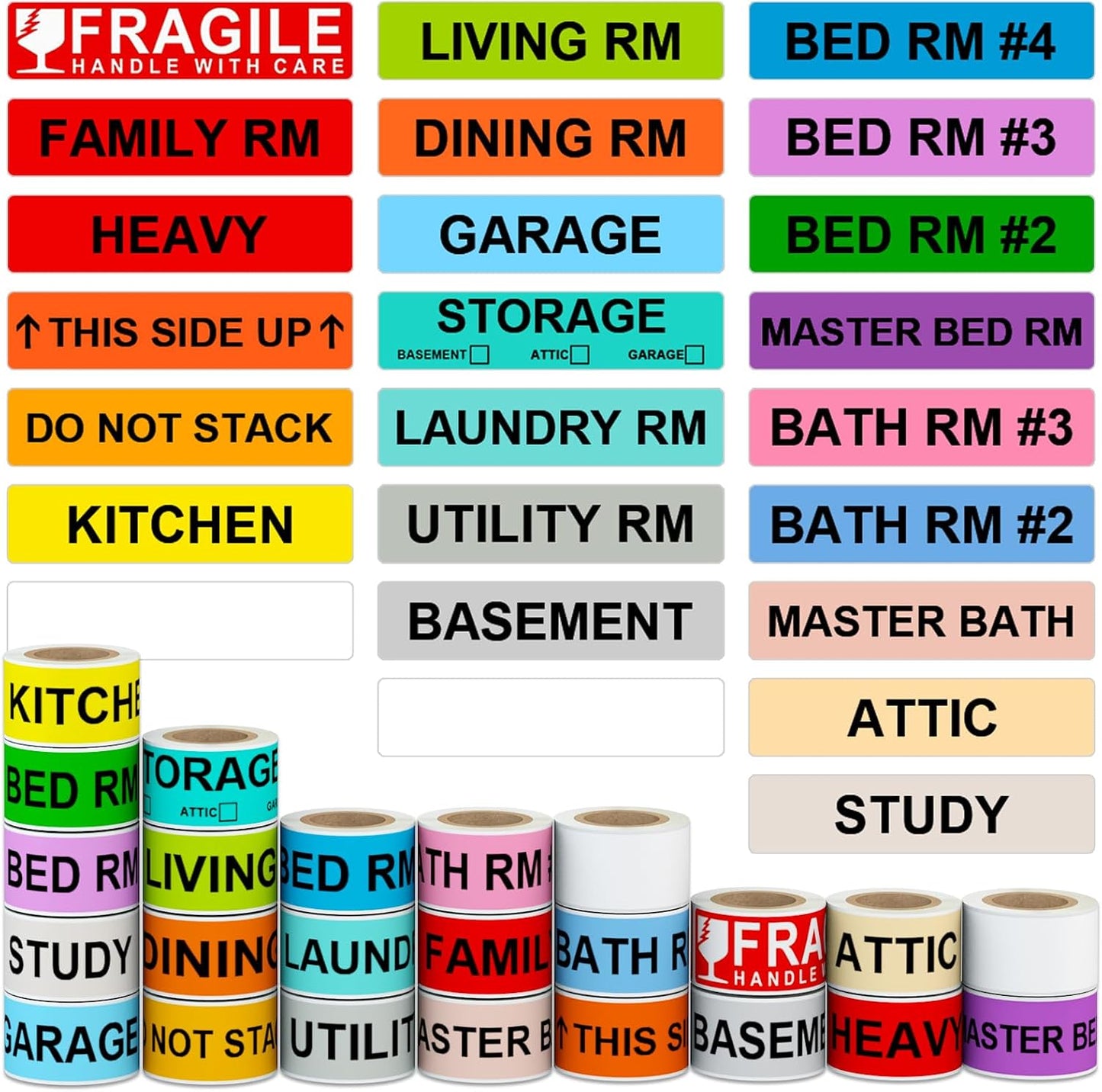 Moving Box Labels – 1440 PCS (24 Rolls) Color Coded Room Stickers, 1''x4.5'' Strong Adhesive Home Packing Stickers for Boxes of Bedroom, Kitchen, Garage, Fragile & Heavy Item Warning Labels, BIAlabel