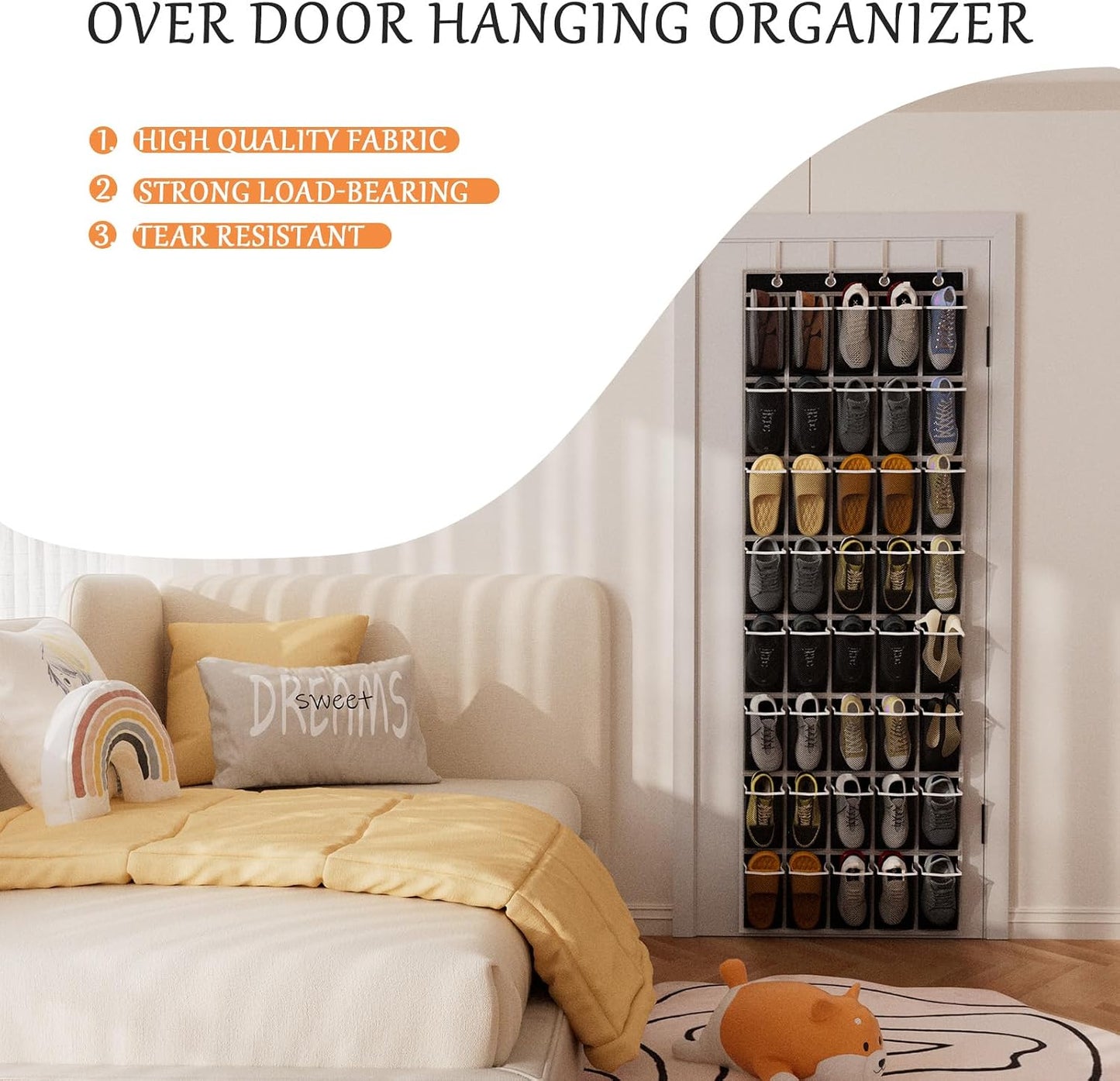 homyfort Over the Door Shoe Organizer, Hanging Shoe Rack Storage Holder with 24 Large Pockets for Closet Door, Men Women Kids Shoes, Cruise (Black)