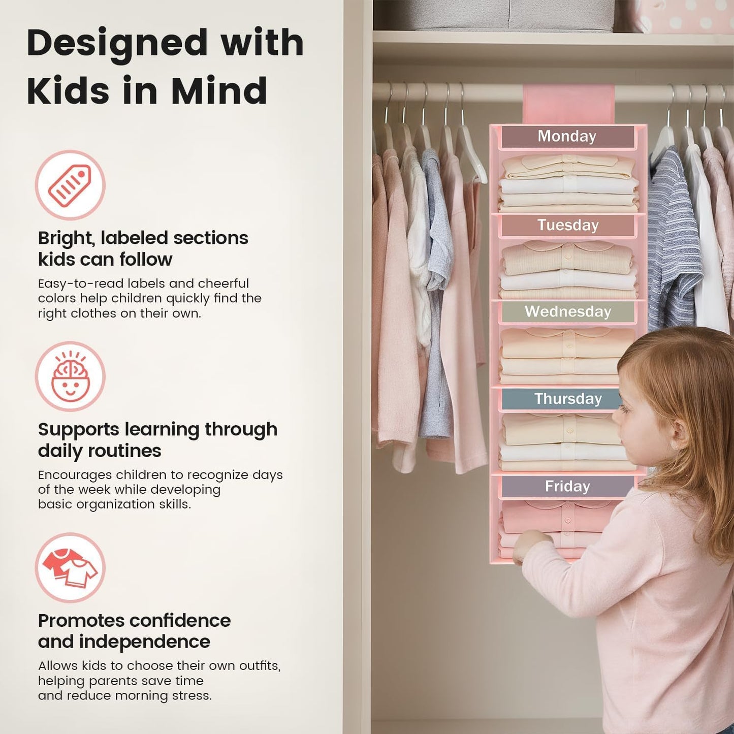 Weekly Clothes Organizer for Kids, 5-Shelf Kid Hanging Closet Organizer w/ 6 Side Pockets, Labeled Weekly Outfit Organizer for Kids, Days of The Week Clothes Organizer Monday Through Friday White