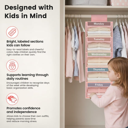 Weekly Clothes Organizer for Kids, 5-Shelf Kid Hanging Closet Organizer w/ 6 Side Pockets, Labeled Weekly Outfit Organizer for Kids, Days of The Week Clothes Organizer Monday Through Friday White