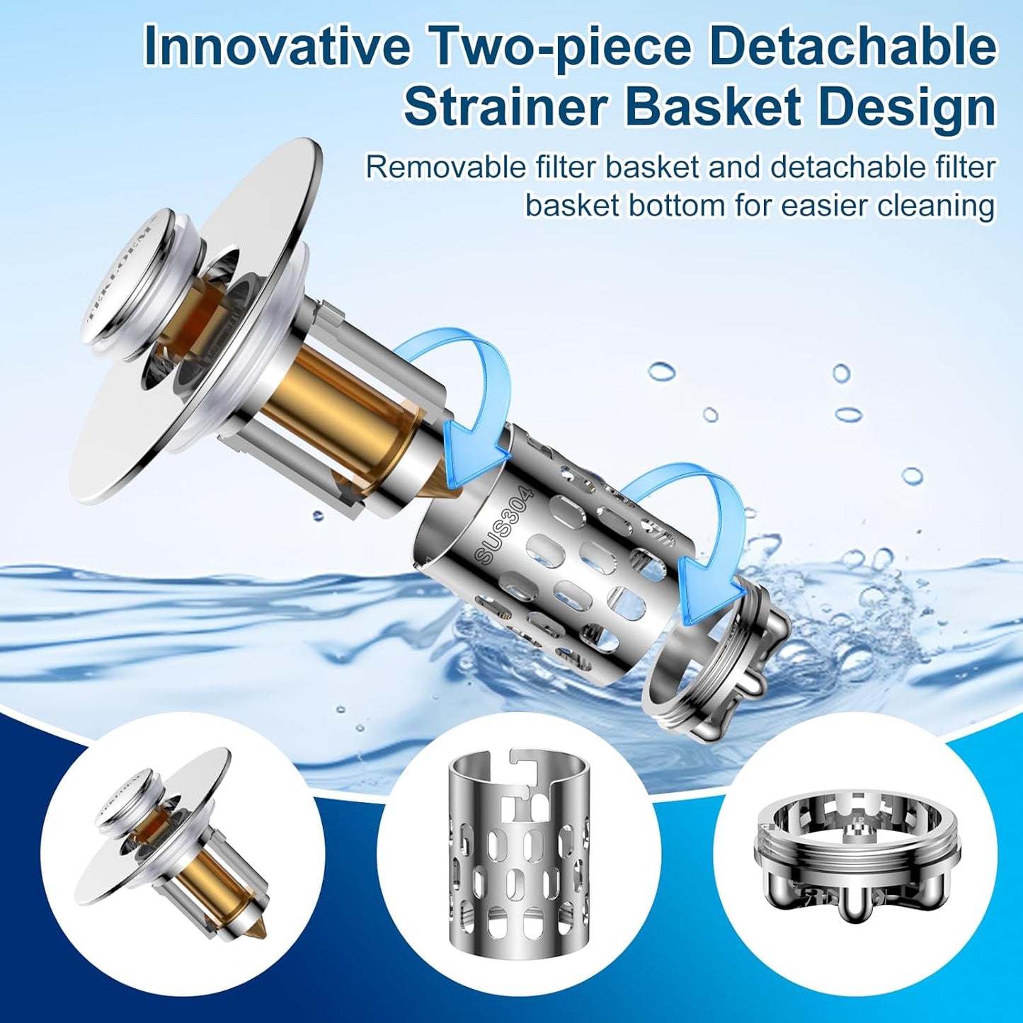 Bathroom Sink Drain Strainer,All Metal Pop-Up Sink Stopper with Removable Stainless Steel Filter Basket, Universal Bathroom Hair Catcher Fit for 1.1-2.36'' Drain (Silver, 2 Pack)