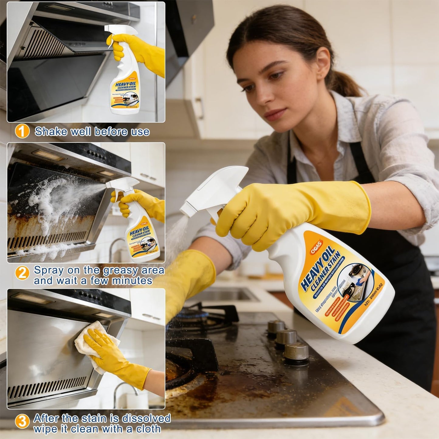 Heavy Duty Kitchen Degreaser Spray – Multi-Surface Oil & Grease Remover for Oven, Stovetop, Grill, Range Hood & Cookware, Non-Abrasive Low-Odor Formula, Effective Cleaner for Kitchen Surfaces