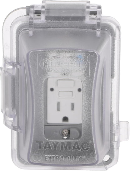TAYMAC MKG420CS Nonmetallic Extra Duty Complete in-Use Cover 15 Amp WRTR Self Test GFCI Kit, 1-Gang, Clear/Gray