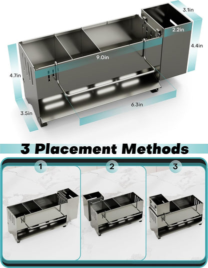 Kitchen Sink Caddy Organizer, Sponge Holder for Kitchen Sink with Upgraded Extra-Wide Drain Board, Efficient Drainage, Stainless Steel with Rust-Resistant Coating