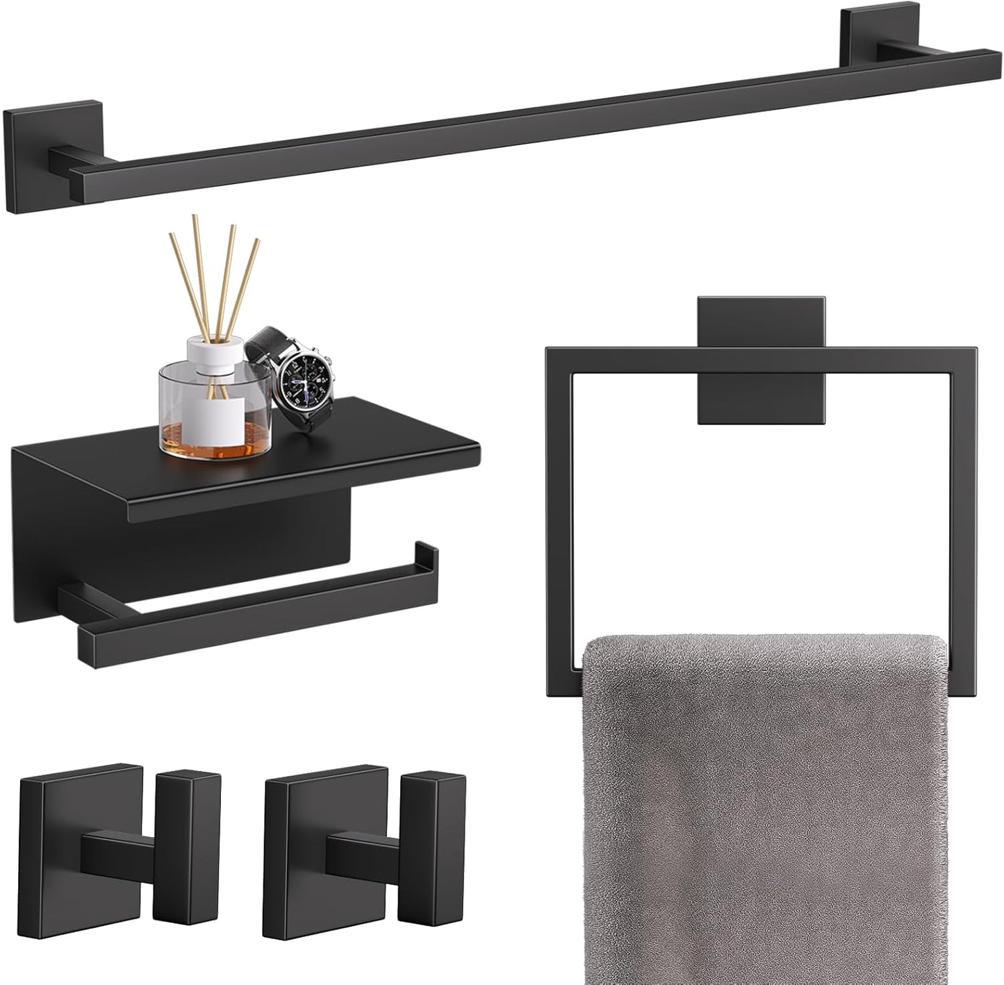 TQKAG Brushed Gold Bathroom Hardware Accessories Set 10 Pieces, 23.6" SUS304 Stainless Steel Towel Bar Set Wall Mounted Includes Single Towel Bar, Towel Ring, Toilet Paper Holder, Double Towel Hooks
