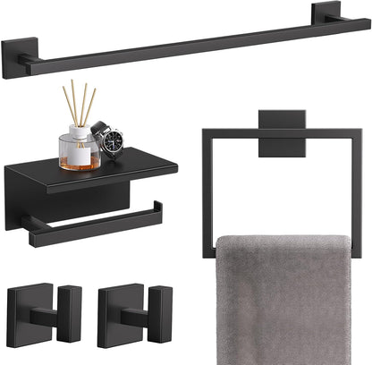 TQKAG Brushed Gold Bathroom Hardware Accessories Set 10 Pieces, 23.6" SUS304 Stainless Steel Towel Bar Set Wall Mounted Includes Single Towel Bar, Towel Ring, Toilet Paper Holder, Double Towel Hooks