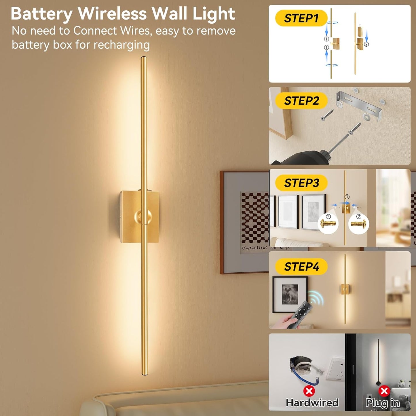 Ouyulong Battery Operated Wall Sconces Set of 2, 10000mAh Wireless Rechargeable 3000-6000K Dimmable 350° Rotate Wall Light with Remote for Living Room, Bedroom 31.6in Black