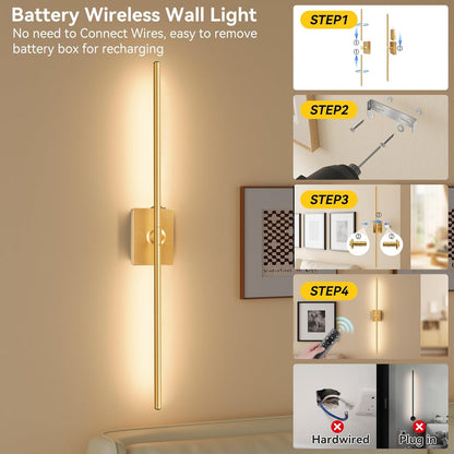 Ouyulong Battery Operated Wall Sconces Set of 2, 10000mAh Wireless Rechargeable 3000-6000K Dimmable 350° Rotate Wall Light with Remote for Living Room, Bedroom 31.6in Black