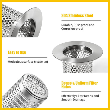 Bathroom Sink Drain Strainer, 304 Stainless Steel Hair Catcher for Bathtub Shower Floor Drain, Bathtub Drain Cover Strainer Basket Fit 1.1" to 1.97" Drain Hole (2PCS)
