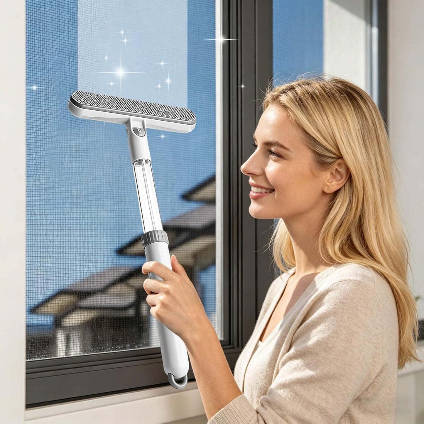 3-in-1 Telescopic Window Screen Cleaning Brush - Double-Sided Screen Cleaner Tool with Built-in Crevice Brush, Extendable Squeegee for Home Office Car Screens Window (1, Grey)