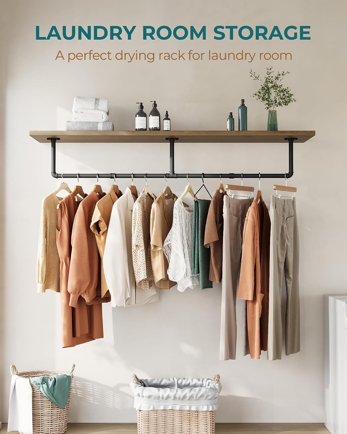 OROPY 65.7" Heavy Duty Industrial Pipe Clothes Rack for Hanging Clothes | Wall Mounted Clothes Bar, Space Saving Iron Garment Rack, Multi-Purpose Hanging Rod for Bedroom, Closet, Black, 3 Base