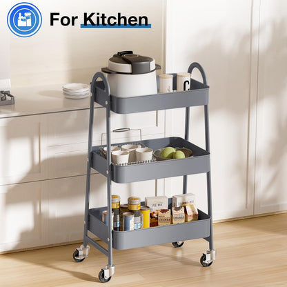 DUMOS 3 Tiers Rolling Cart, Utility Cart, Metal, White | Mobile Storage, Lockable Wheels, Utility Shelving Unit, Kitchen, Bathroom, Laundry, Narrow Places