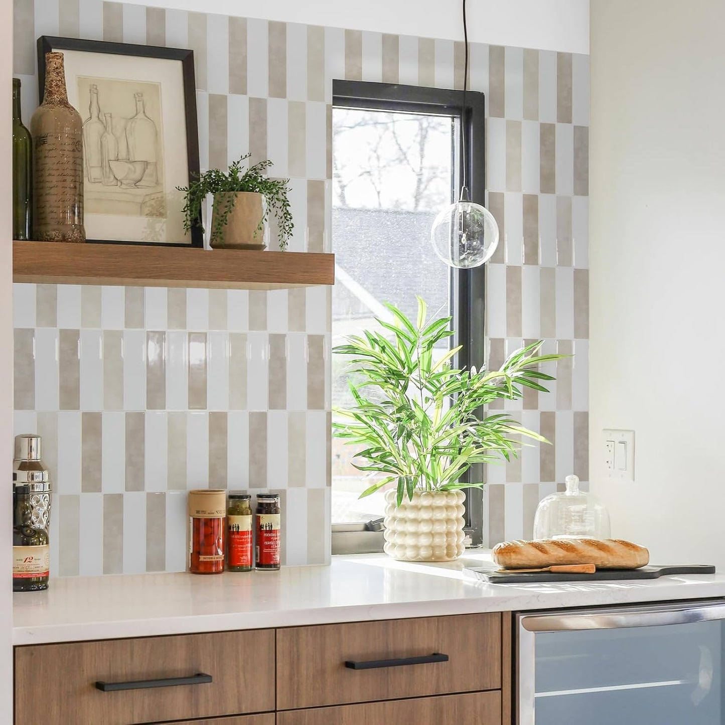 LONGKING 10-Sheet Thickened Peel and Stick Subway Tile Backsplash for Kitchen, Vertical Strip Design, Marble Tile, Waterproof Wall Sticker for Kitchen & Bathroom, Beige&White