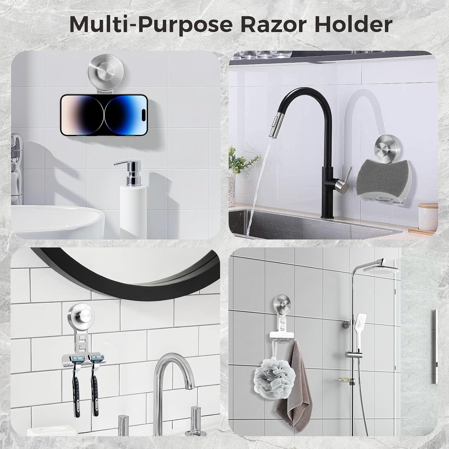 Suction Cup Razor Holder for Shower - 2 Pack | Damage-Free Wall Hooks for Towel, Loofah & Shaver | Easy Install & Reusable Suction Hooks | Stainless Steel Bathroom Organizer