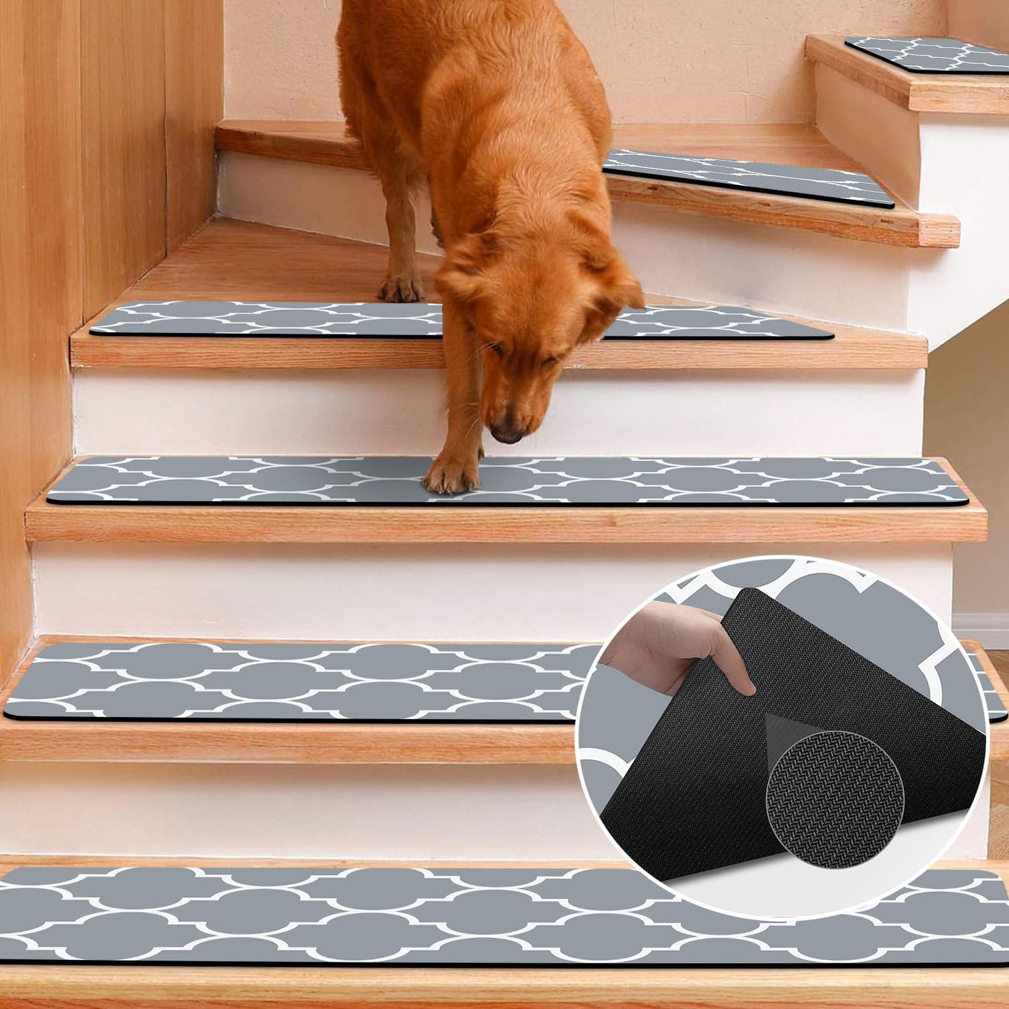 Non Slip Rubber Carpet Stair Treads for Wooden Steps Indoor, 15 Pack Slip Resistant Stair Rug Staircase Step Treads Pads for Pet, Kids and Elderly, Black Marble