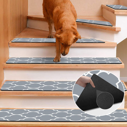 Non Slip Rubber Carpet Stair Treads for Wooden Steps Indoor, 15 Pack Slip Resistant Stair Rug Staircase Step Treads Pads for Pet, Kids and Elderly, Black Marble