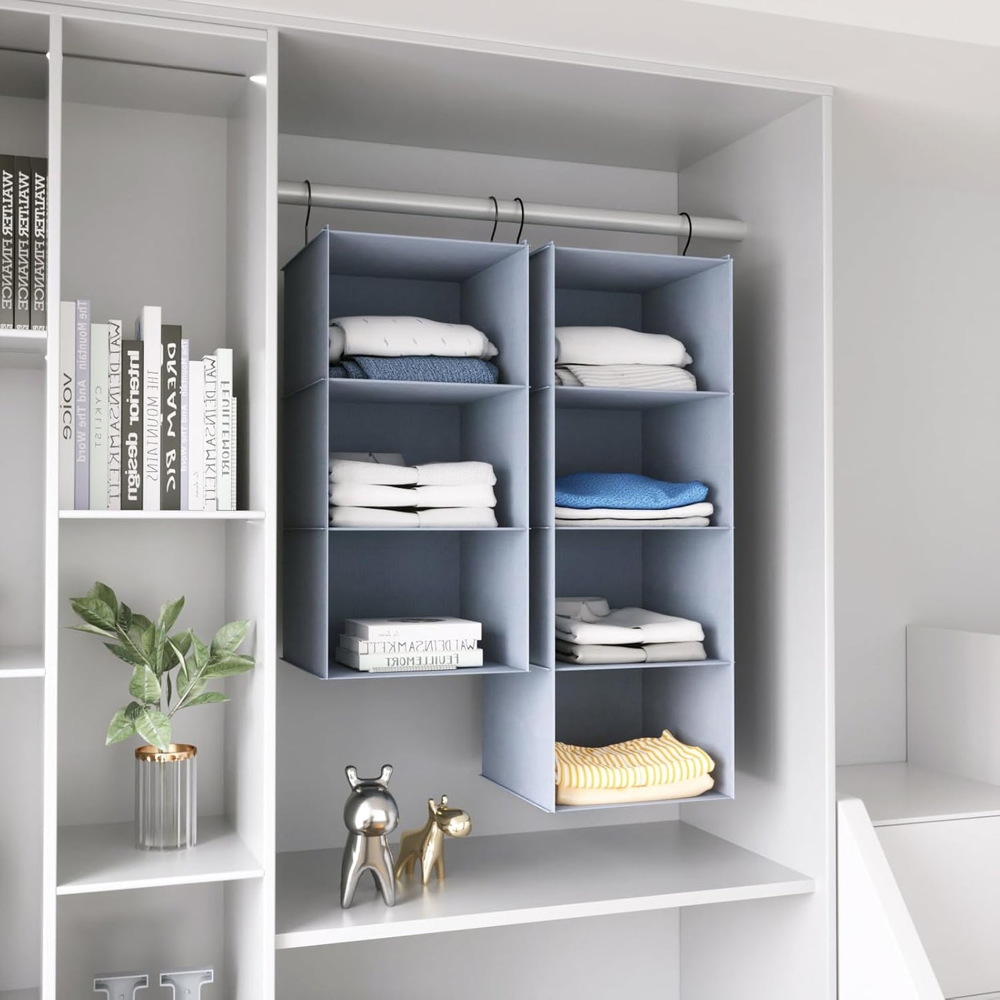 Hanging Closet Organizer 3-Shelf, Oxford Fabric Wardrobe Storage, Gray | Easy-mount foldable design holds clothes, handbags, shoes & accessories; washable Oxford fabric, sturdy and space-saving.