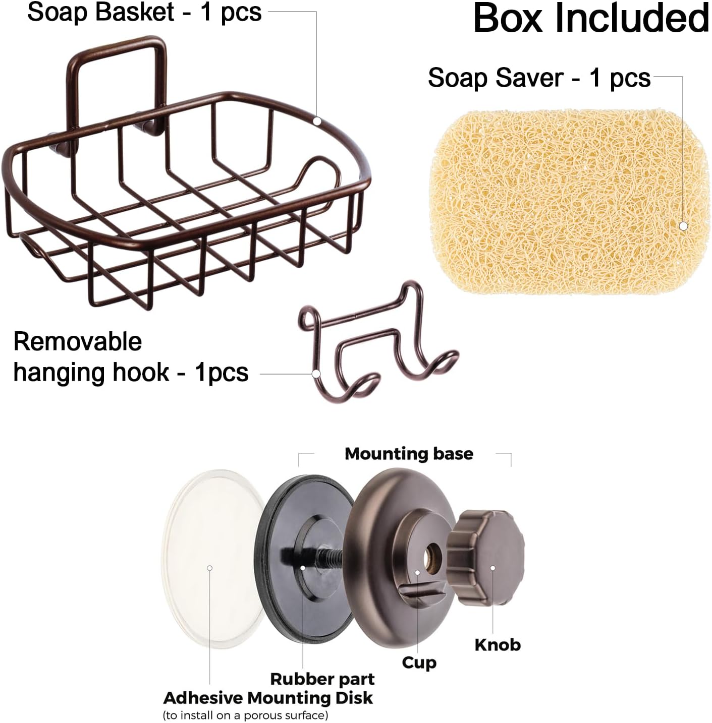 HASKO Suction Cup Soap Dish for Shower Wall, Rustproof Stainless Steel Shower Soap Holder for Bathroom with Hooks and Soap Saver, Includes Optional No Drill Adhesive Mount, Silver