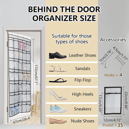 Over the Door Shoe Organizer, 12 Mesh Pockets Hanging Shoe Organizer with 4 Metal Hooks (Black)