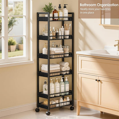 Slim Storage Rolling Cart, 4 Tier Narrow Cart with Wheels, Metal Kitchen Rolling Cart for Small Spaces, Slide Out Storage Shelves for Kitchen, Laundry Room, Bathroom, Living Room, 7.1in(W)