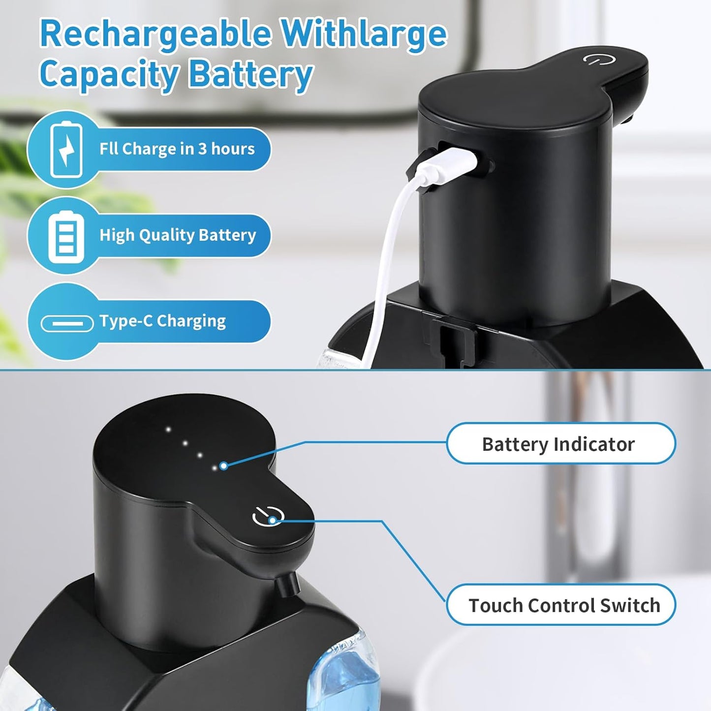 Automatic Foam Hand Soap Dispenser, Rechargeable Touchless Wall Mount Foaming Soap Dispenser, 15oz/420ml, 4 Adjustable Levels Infrared Sensor Electric Dispenser for Bathroom, Kitchen, Office - Black