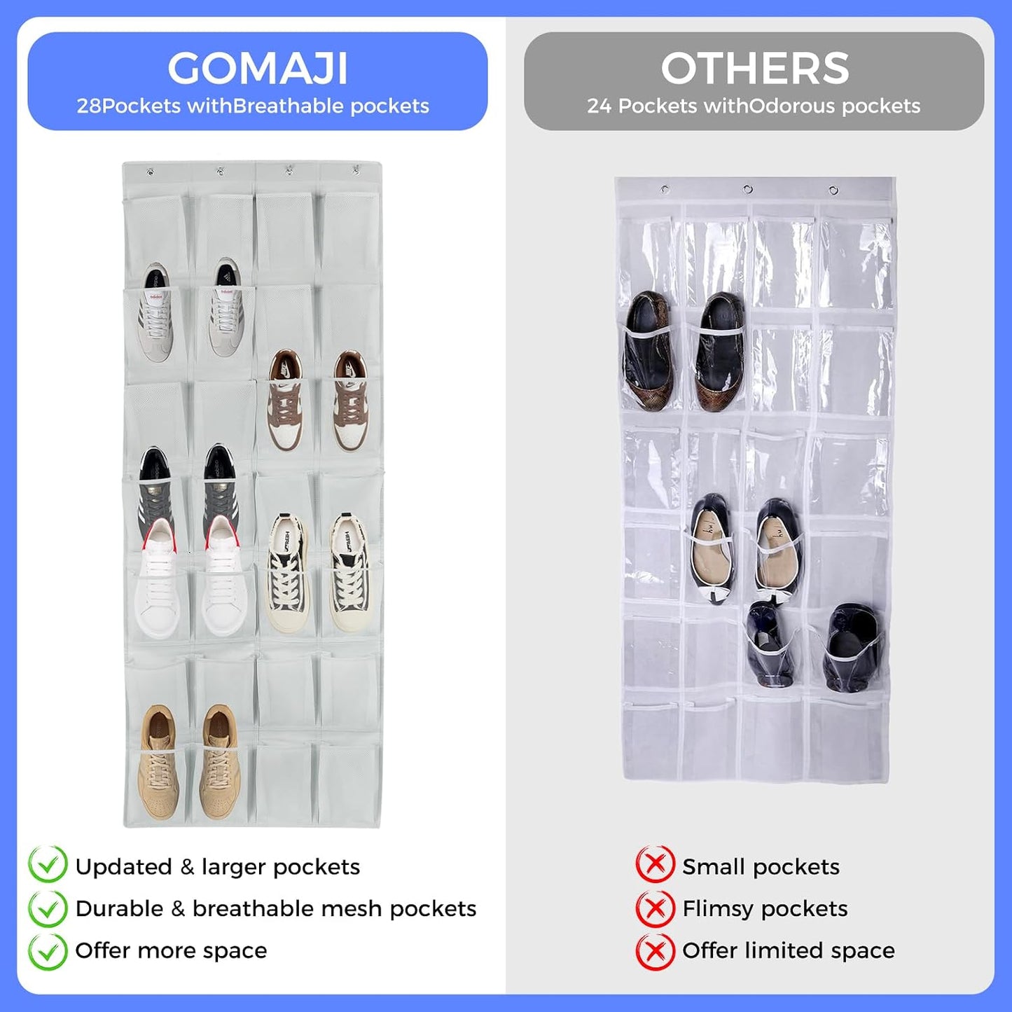 GOMAJI 28 Large Pockets Over the Door Shoe Organizer with 4 Hooks for Different Widths Doors, Hanging Shoe Rack Holder for Closet Men Sneakers, Women High Heels