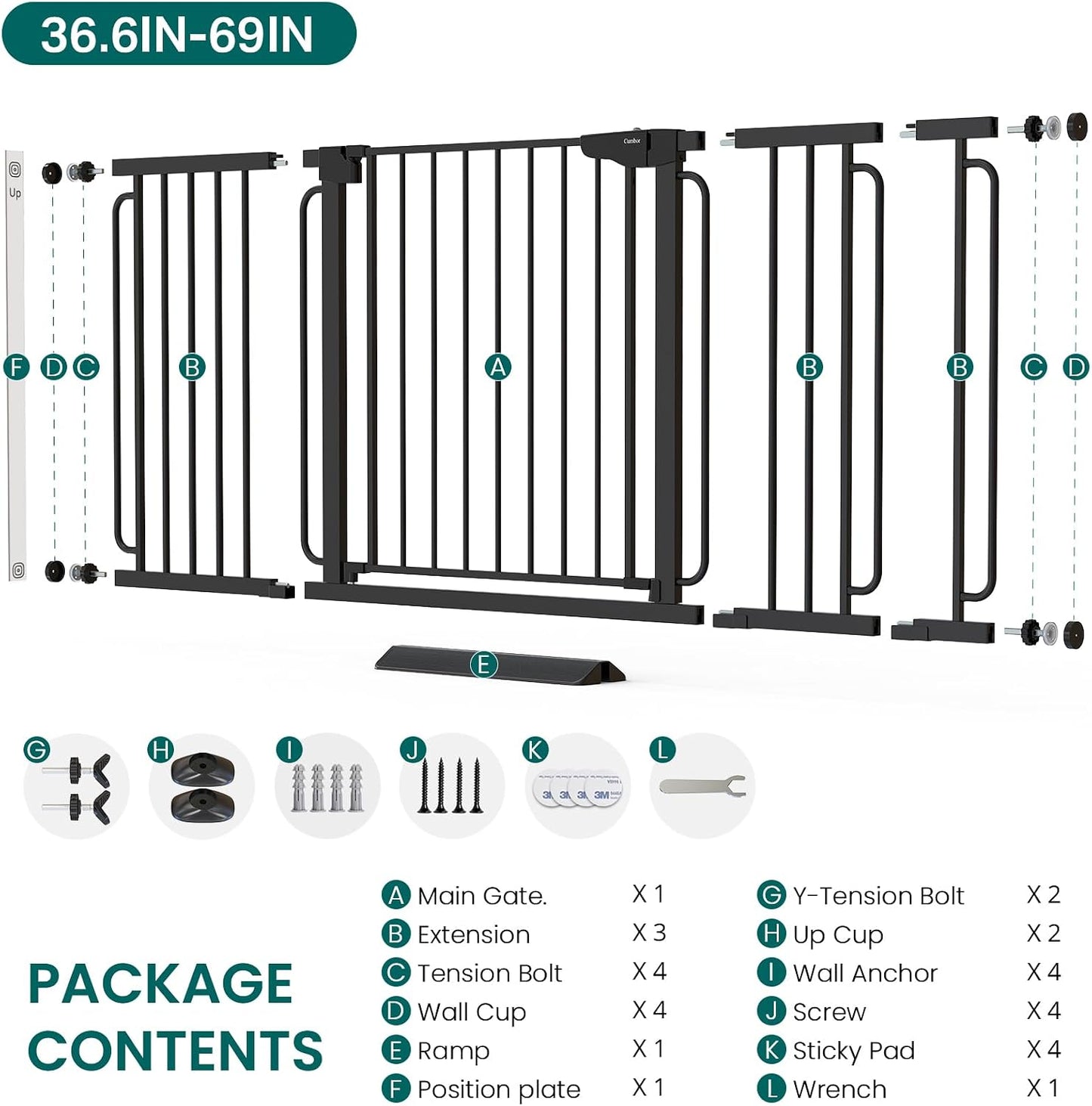 Cumbor 30-46" Baby Gate for Stairs, Mom's Choice Awards Winner-Auto Close Dog Gate for The House, Gifts for Mom, Easy Install Pressure Mounted Pet Gates for Doorways, Black