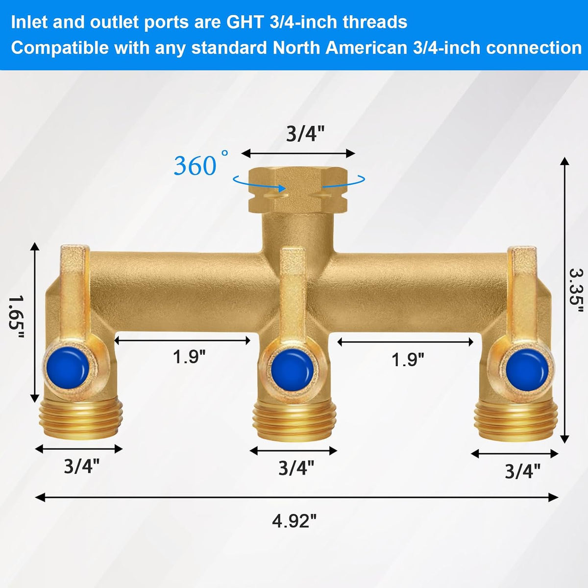 Brass Garden Hose Splitter 2-Way Heavy Duty - 3/4" GHT Threads with 2×304 Stainless Steel Handles, High Flow Design for Efficient Water Distribution
