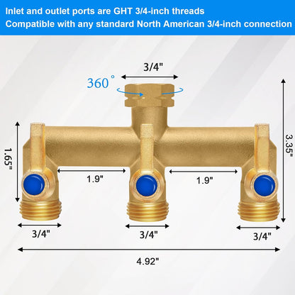 Brass Garden Hose Splitter 2-Way Heavy Duty - 3/4" GHT Threads with 2×304 Stainless Steel Handles, High Flow Design for Efficient Water Distribution