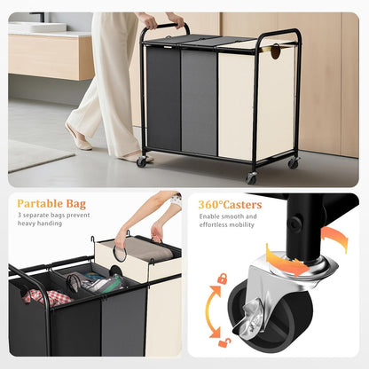180L (47.55 Gal) Laundry Sorter 3 Section, Rolling Laundry Basket with Lockable Wheels and Lid, Laundry Hamper with 3 Separated Removable Bags Dirty Clothes Hamper for Laundry Room Organizer, Black