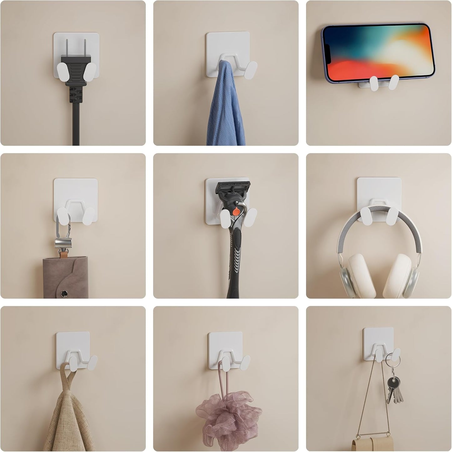susswiff Shower Hooks for Inside Shower - Extra Sticky Stainless, Razor Holder Accessories, Wall Mounted Self-Adhesive Double Hooks for Razor, Loofah, Towel, Shaver, Coat, Key, Silver 6 Pack