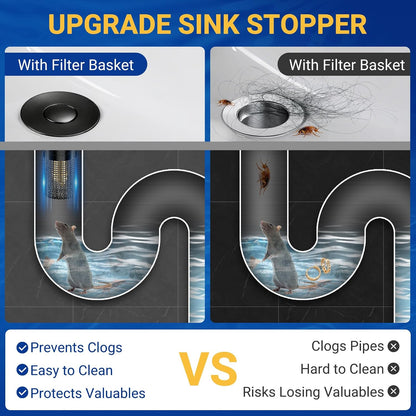 2PCS Bathroom Sink Stopper Strainer, Pop-Up Bathroom Sink Drain Strainer with Removable Stainless Steel Hair Catcher Basket, Universal Fit for US Bathroom Sinks, Bathtubs, Showers & Floor Drains