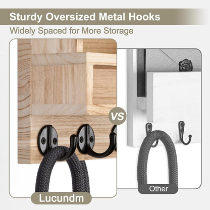 Key and Mail Holder Wall Mount, Key Hanger with Long Storage Box and 5 Hooks for Coat, Dog Leash, Home Decor Rack, House Accessories, Entry Way Organizer 11.8”W x 7.8”H x 3.2”D