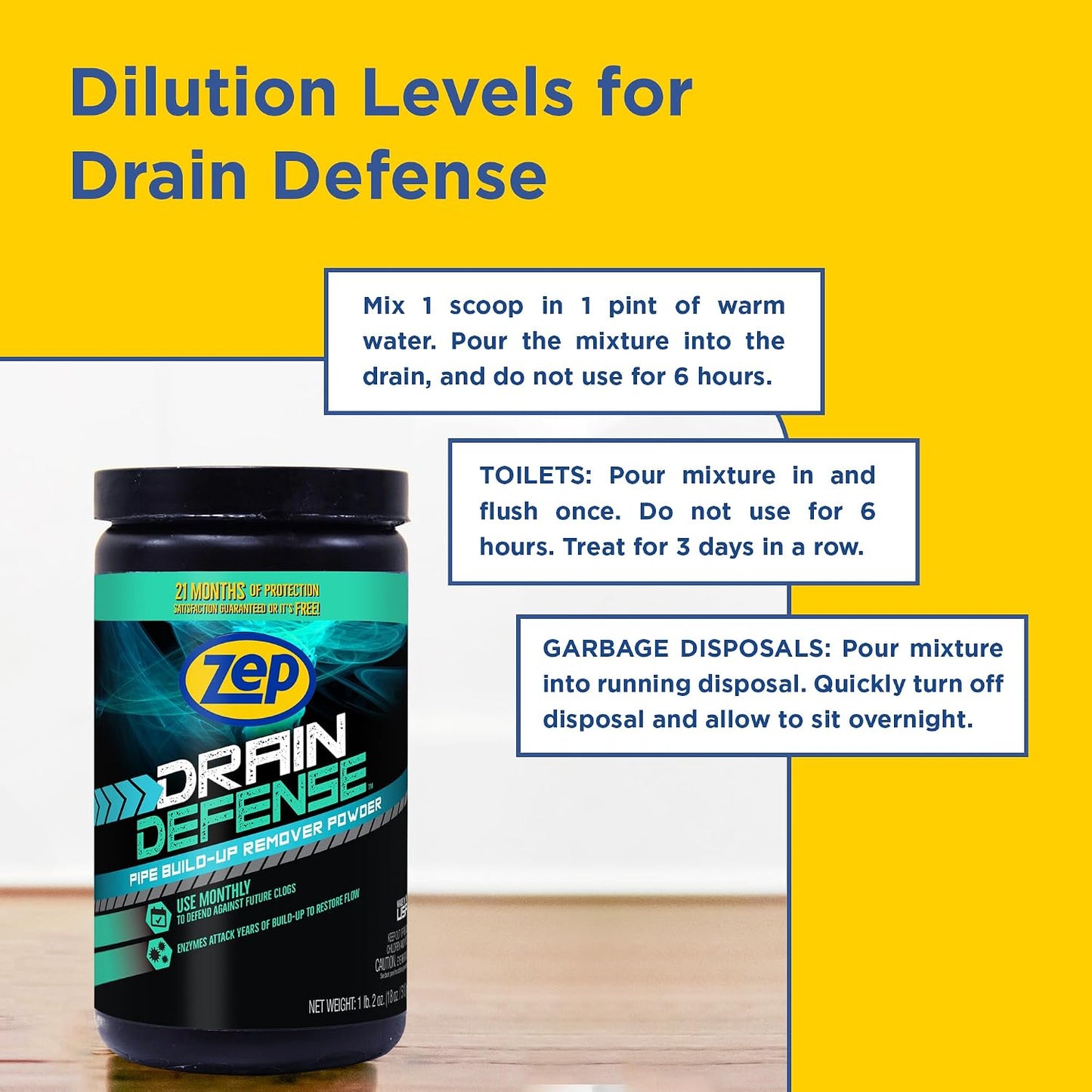 Zep Drain Defense Enzymatic Drain Cleaner Powder - 18 Ounces - ZDC16 - Safe for Pipes and Septic Systems, Pack of 1, white