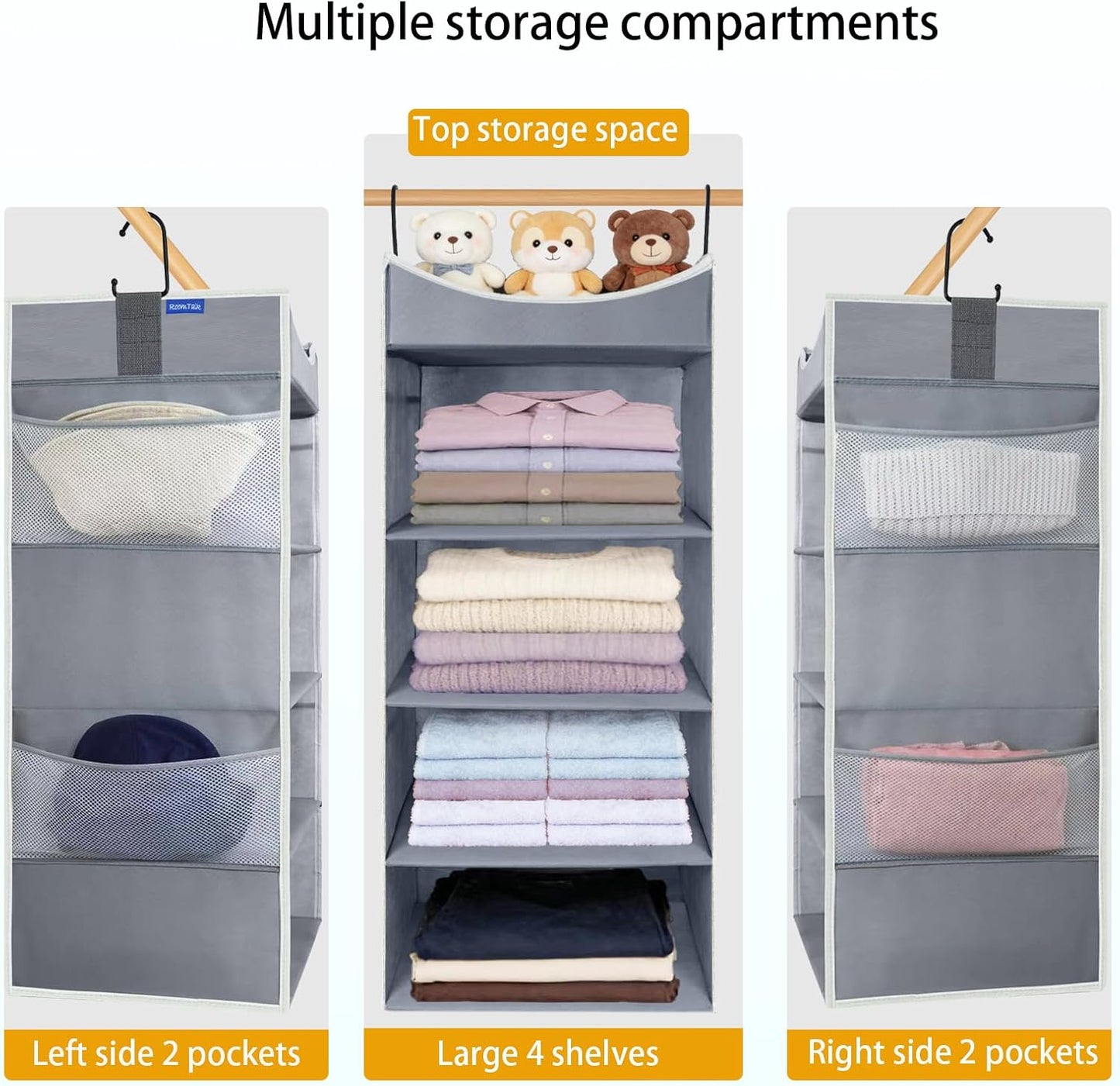 4-Shelf Hanging Closet Organizer and Storage with 4 Side Pockets, Collapsible Closet Hanging Shelves for Storage, Grey