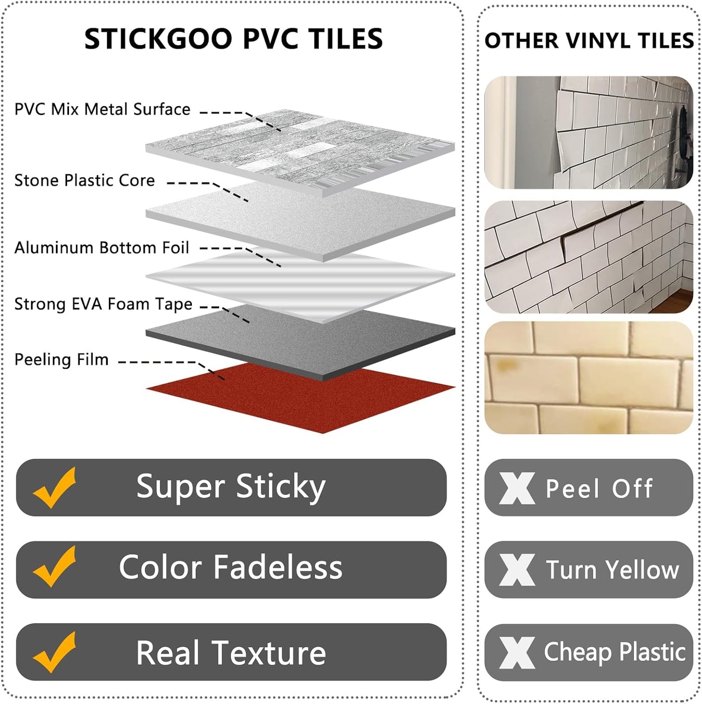 STICKGOO 20 Sheets Peel and Stick Backsplash Tile, Stick on Backsplash for Kitchen and Bathroom, White Sandstone Look PVC Mixed Metal Gold Self Adhesive Wall Tiles