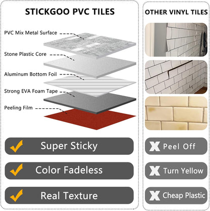 STICKGOO 20 Sheets Peel and Stick Backsplash Tile, Stick on Backsplash for Kitchen and Bathroom, White Sandstone Look PVC Mixed Metal Gold Self Adhesive Wall Tiles