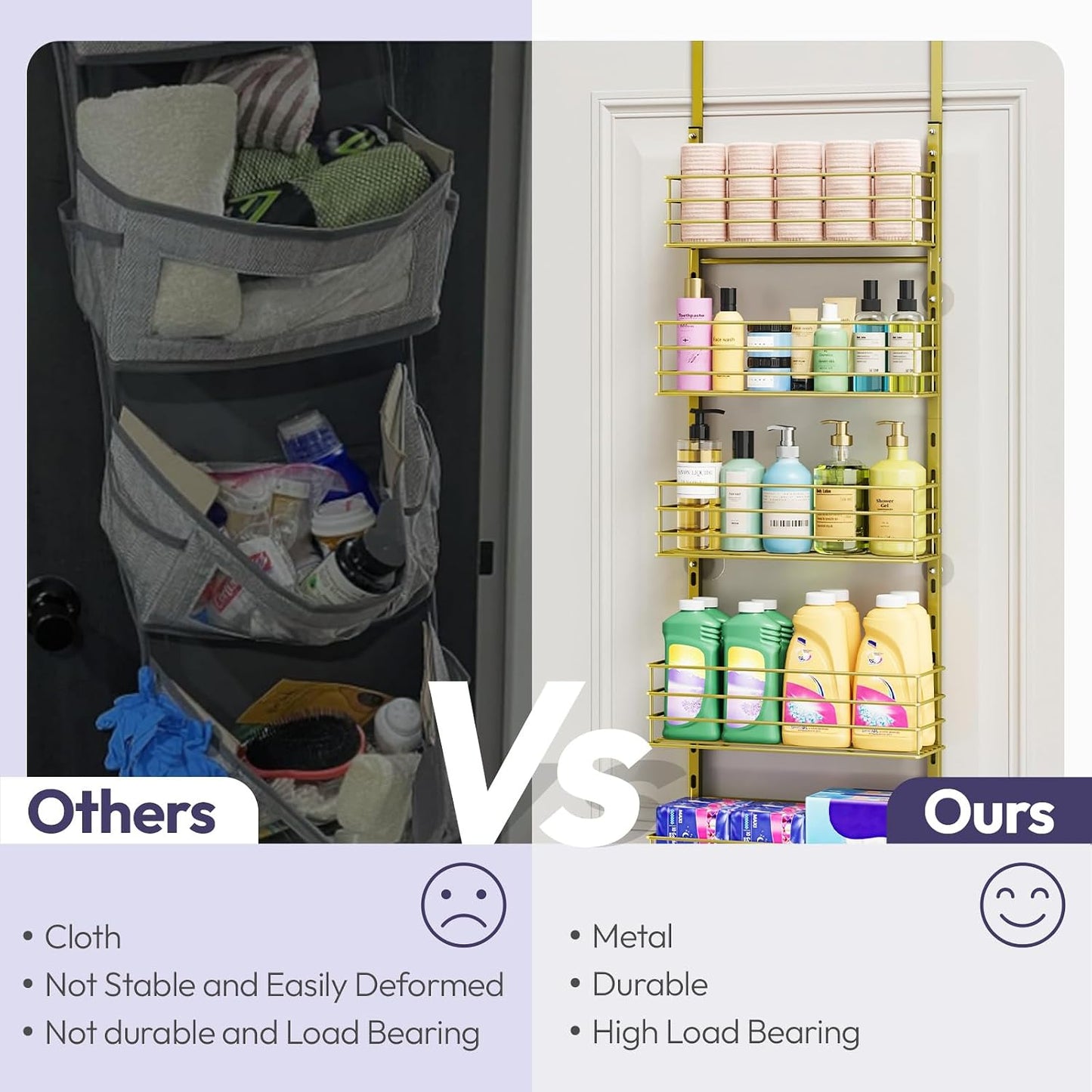 SWTYMIKI Over The Door Organizer - Door Organizer Hanging with 5 Adjustable Metal Large Capacity Basket and 6 Coat Hook, Wall Mounted Shelf for Bedroom Closet Bathroom Laundry Pantry Cabinet Kitchen