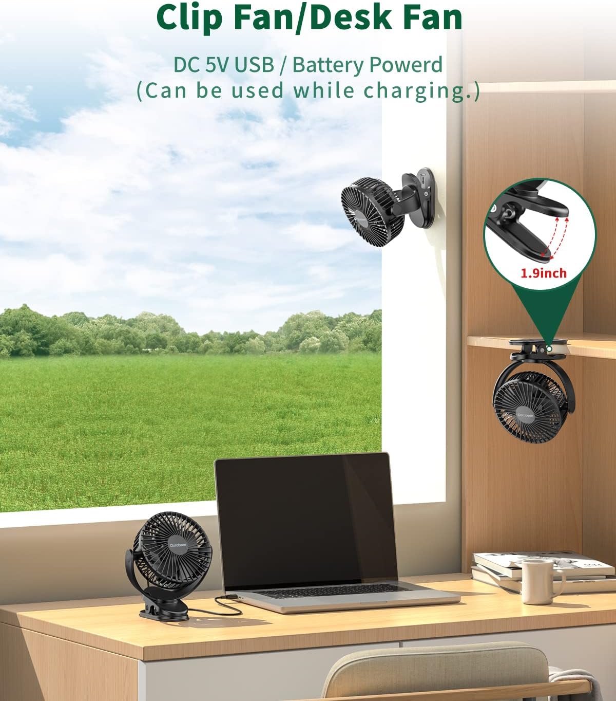 Dorobeen Portable Clip on Fan, Battery Powered, 3 Speed Quiet Rechargeable Mini Desk Fans, 360° Rotate for Home Office Stroller Camping Golf Cart (BLDC Motor)