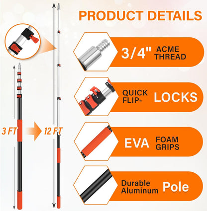 26FT High Reach Duster with Extension Pole 5-20FT, 4-in-1 Cleaning Kit with Universal Swivel Joint | High Ceiling Fan Cleaner, Cobweb Duster & Window Squeegee for Safe High-Reach Cleaning