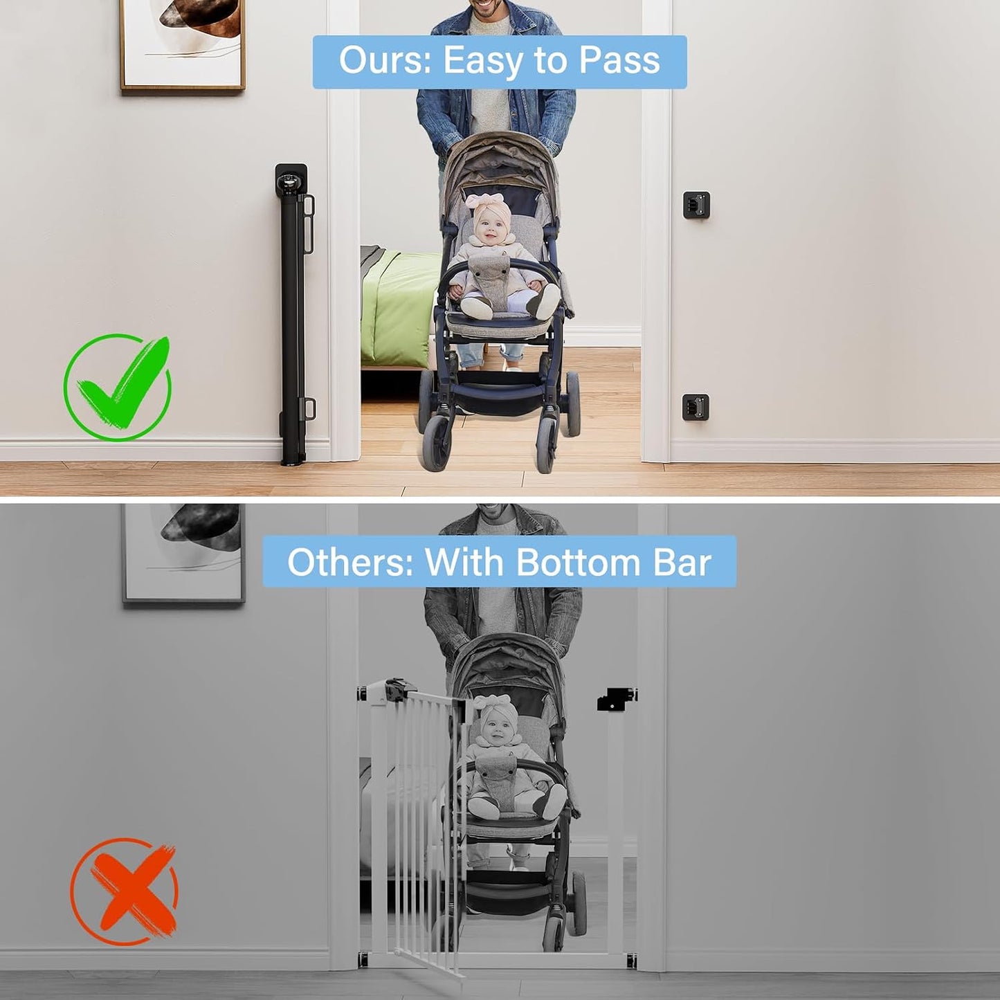 probebi Retractable Baby, Child & Dog Gates for Stairs, Extends to 54" Wide 34" Tall, Use for Outdoor, Indoor, Hallways, Doorways, Deck, Porch, Black