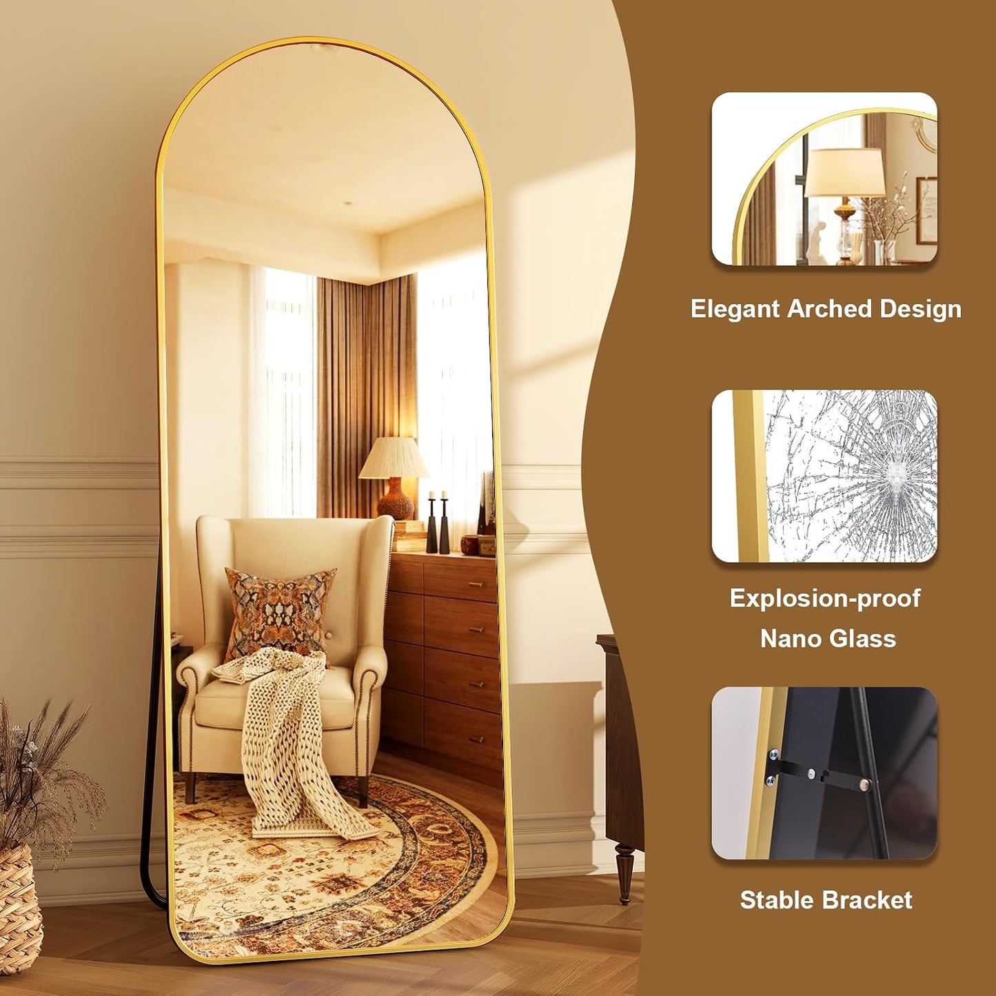 HARRITPURE 64"x21" Arched Full Length Mirror Free Standing Leaning Hanging Mounted Mirror Aluminum Frame Modern Simple Home Decor for Living Room Bedroom Cloakroom, Gold
