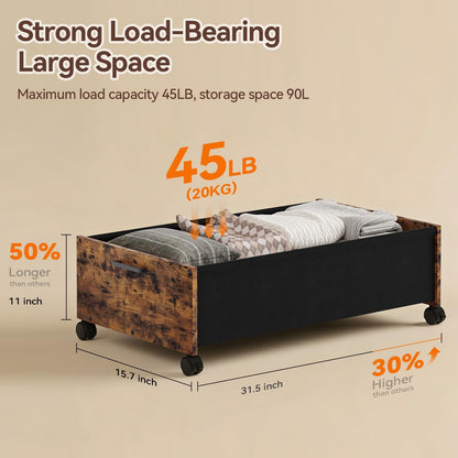 FOUCSSOMEI Under Bed Storage with Wheels, Wooden Under Bed Drawers On Wheels, Rolling Under Bed Shoe Storage, Space Saving, Rustic Brown,30L