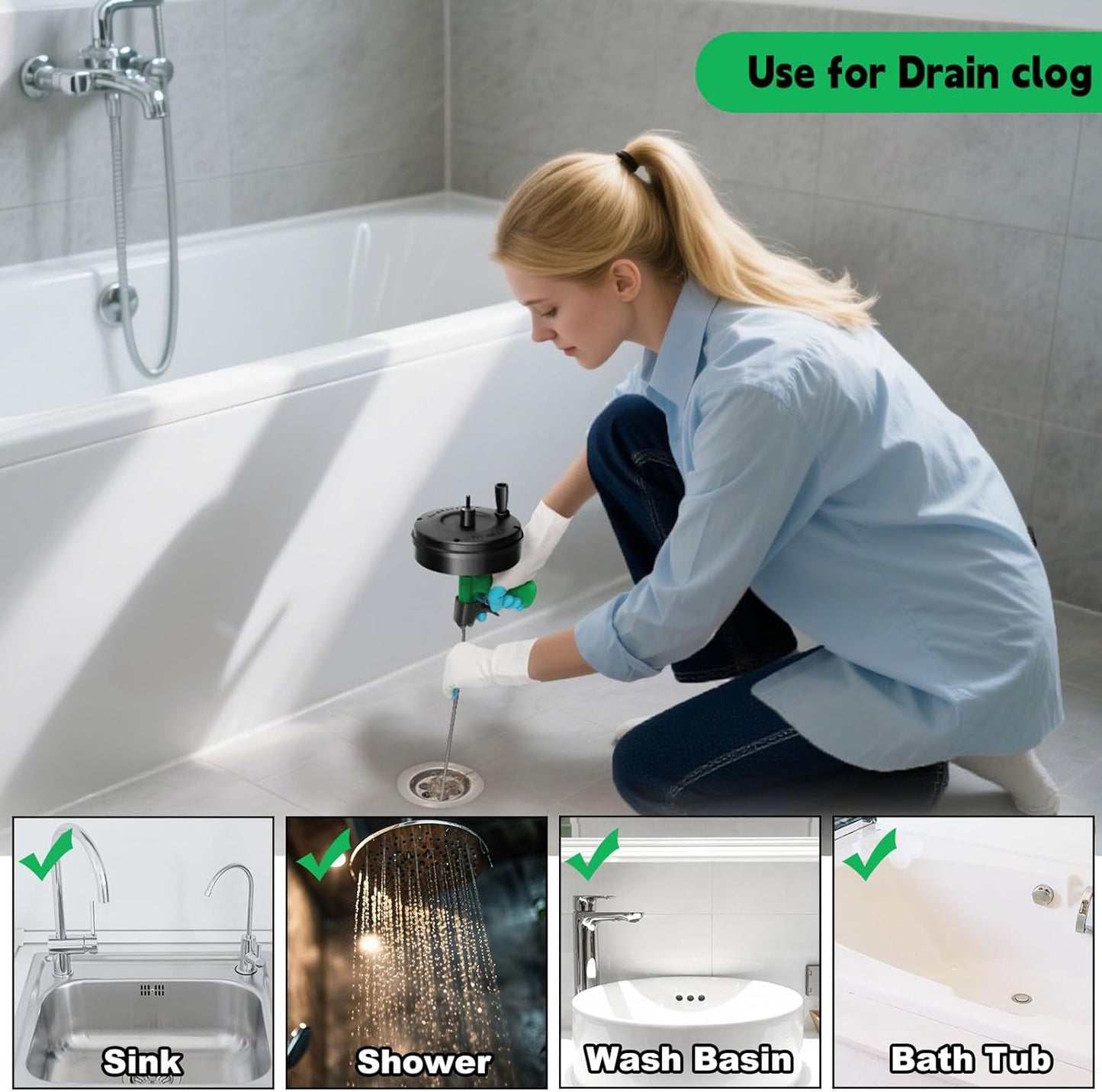 50 Ft Drain Snake, Fast Unclog Snake, Manual & Electric Plumbing Snaker for Shower Sink, Toilet and Kitchen, Drain Auger 50 ft Comes with Gloves and Bag, 1/4 Inch, Green