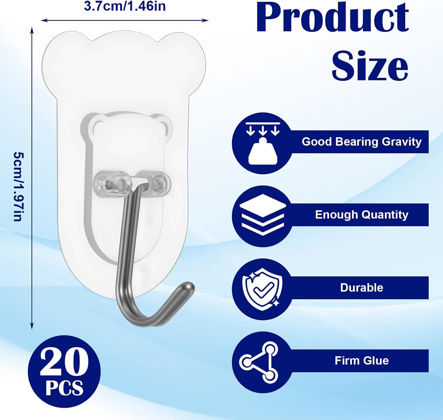20Pcs Heavy Duty Adhesive Hooks, 5 kg/11 lbs Max Load, Sticky Wall Hooks for Hanging Towels, Coats, Keys, Transparent Waterproof No-Damage Wall Hook for Bathroom, Kitchen, Office & Home Decor