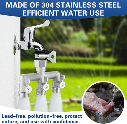 4 Way Garden Hose Splitter, 304 Stainless Steel Outdoor Faucet Splitter with 4 Individual Shut Off Valves, 3/4" GHT High Flow Hose Bib Spigot Connector